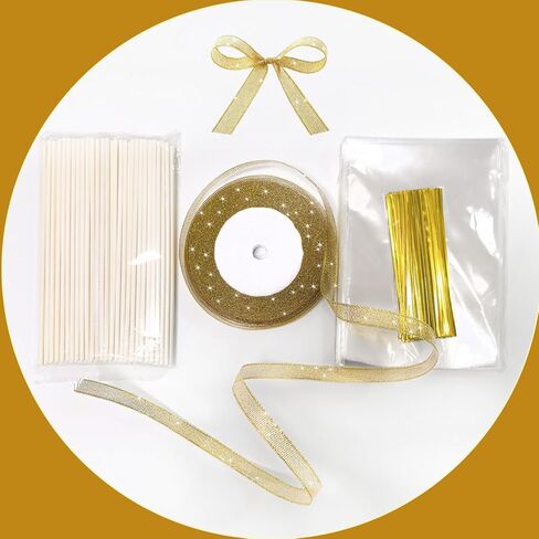 301 PCS Cake Pop Sticks and Wrappers Kit, 100 Sets Clear Rice Crispy Treat Bags 4x6in with Paper Lollipop Sticks Twist Ties and 25YD Gold Ribbon for Rice Krispy Cakesicles Hard Candy Sucker Chocolate in Saudi Arabia