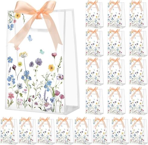 Geyoga 24 Pcs Wildflower Gift Bags for Party Favors Clear Reusable PVC Treat Goodie Bags with Handles and Ribbon for Baby Shower Birthday Wedding Supplies Decors, 7x10x3.15 Inch in Kuwait