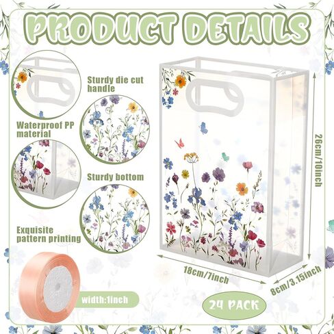 Geyoga 24 Pcs Wildflower Gift Bags for Party Favors Clear Reusable PVC Treat Goodie Bags with Handles and Ribbon for Baby Shower Birthday Wedding Supplies Decors, 7x10x3.15 Inch in Kuwait