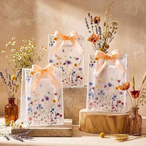 Geyoga 24 Pcs Wildflower Gift Bags for Party Favors Clear Reusable PVC Treat Goodie Bags with Handles and Ribbon for Baby Shower Birthday Wedding Supplies Decors, 7x10x3.15 Inch in Kuwait