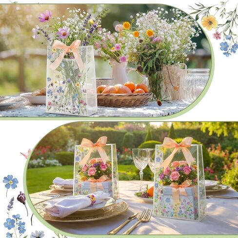 Geyoga 24 Pcs Wildflower Gift Bags for Party Favors Clear Reusable PVC Treat Goodie Bags with Handles and Ribbon for Baby Shower Birthday Wedding Supplies Decors, 7x10x3.15 Inch in Kuwait