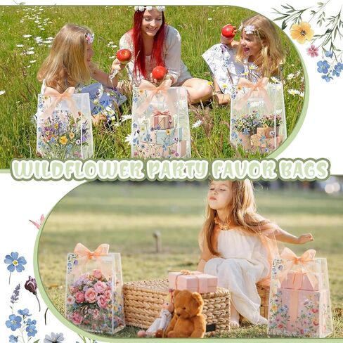 Geyoga 24 Pcs Wildflower Gift Bags for Party Favors Clear Reusable PVC Treat Goodie Bags with Handles and Ribbon for Baby Shower Birthday Wedding Supplies Decors, 7x10x3.15 Inch in Kuwait