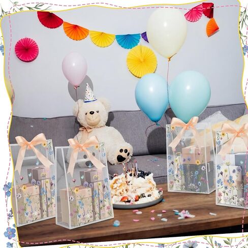 Geyoga 24 Pcs Wildflower Gift Bags for Party Favors Clear Reusable PVC Treat Goodie Bags with Handles and Ribbon for Baby Shower Birthday Wedding Supplies Decors, 7x10x3.15 Inch in Kuwait