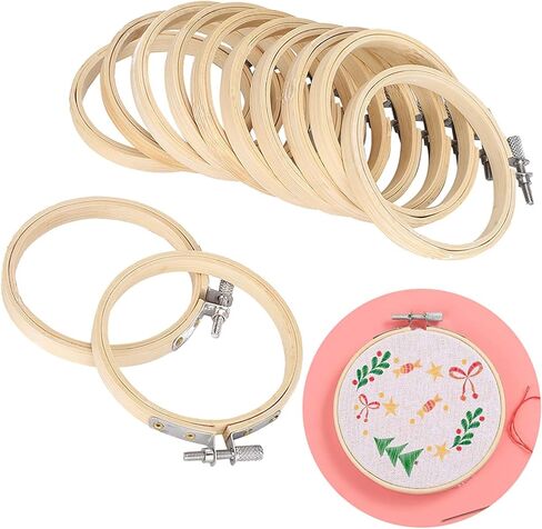 Bamboo Embroidery Hoops, Adjustable and Sturdy Material, Embroidery Rings, 12pcs Compact Set, for Cross Stitch, Sewing Crafts, DIY Projects, Hand Embroidery, Quilting, Beginners, H in Kuwait
