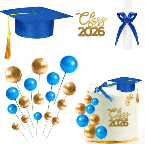 Class of 2026 Graduation Cake Kit Includ Felt Graduation Cap,Cake Topper, Cake Balls Decorations for Wedding Birthday Party (Blue & Gold) in Saudi Arabia
