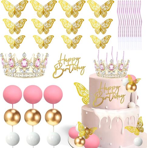 Queen Crown Cake Topper 35pcs Corona Para Pastel Princess Cake Decorations Princess Crown Happy Birthday Cake Toppers Gold Balls Butterflies Cake Decorations Crystal Tiara Cake Decor in Saudi Arabia