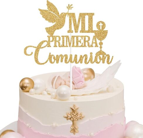 Mi Primera Comunion Cake Topper, Spanish Mi Bautizo Cake Décor, Wedding/Confirmation/Baby Shower/Birthday Party Decorations Supplies, Gold Glitter in Kuwait