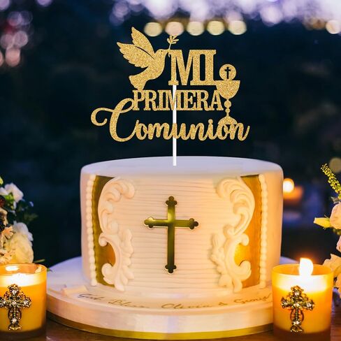 Mi Primera Comunion Cake Topper, Spanish Mi Bautizo Cake Décor, Wedding/Confirmation/Baby Shower/Birthday Party Decorations Supplies, Gold Glitter in Kuwait