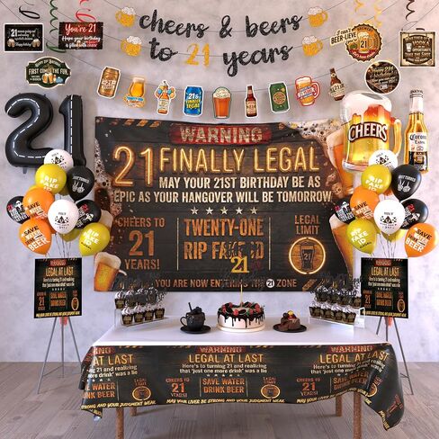 21st Birthday Decorations For Him Includes Banner, Backdrop, Tablecloth, Latex Balloons, Foil Balloons, Cake Topper, Cupcake Toppers & Hanging Swirls in Saudi Arabia