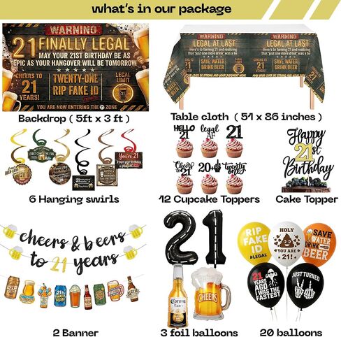 21st Birthday Decorations For Him Includes Banner, Backdrop, Tablecloth, Latex Balloons, Foil Balloons, Cake Topper, Cupcake Toppers & Hanging Swirls in Saudi Arabia