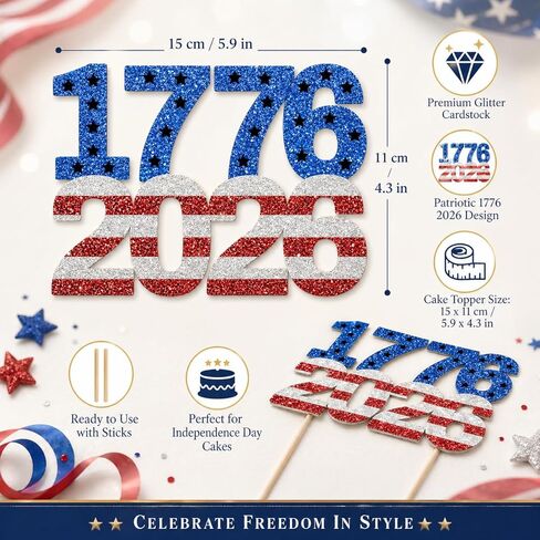 250 Years of Freedom Cake Topper, Happy 250 Years Party Decoration Supplies, 250 Anniversary USA Decorations, 1776-2026 Patriotic Decorations Blue & Red Glitter in Saudi Arabia
