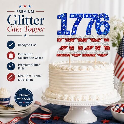 250 Years of Freedom Cake Topper, Happy 250 Years Party Decoration Supplies, 250 Anniversary USA Decorations, 1776-2026 Patriotic Decorations Blue & Red Glitter in Saudi Arabia