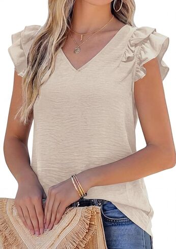 PRETTYGARDEN Blouses for Women Dressy Casual Summer Going Out Tops 2026 Spring Business Work V Neck Ruffle Cap Sleeve Shirts in Saudi Arabia