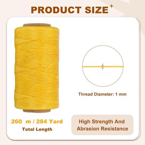 PATIKIL 284 Yard Flat Waxed Thread 150D 1mm Leather Sewing Cord for Repairing Shoes Bags Wallets Jewelry Making DIY Leather Craft, Yellow in Kuwait