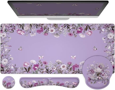 Ovenbird Mouse Pad Set 4-in-1 | Large Gaming Mousepad, Keyboard Wrist Rest, Mouse Wrist Support, Coaster | Ergonomic Office Desk Mat Accessories for Women Men | 4PCS, 35.4 x 15.7in, Purple Floral in Saudi Arabia