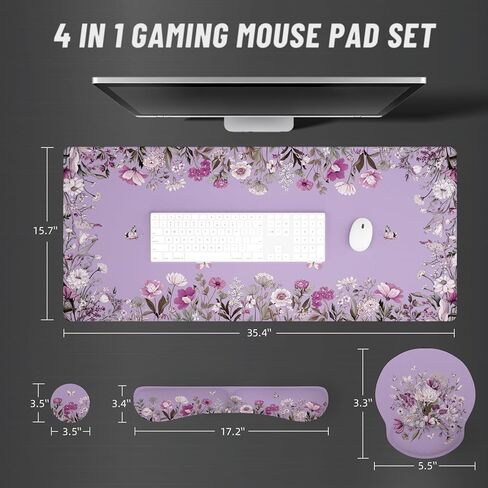Ovenbird Mouse Pad Set 4-in-1 | Large Gaming Mousepad, Keyboard Wrist Rest, Mouse Wrist Support, Coaster | Ergonomic Office Desk Mat Accessories for Women Men | 4PCS, 35.4 x 15.7in, Purple Floral in Saudi Arabia