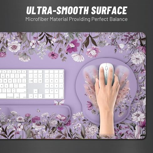 Ovenbird Mouse Pad Set 4-in-1 | Large Gaming Mousepad, Keyboard Wrist Rest, Mouse Wrist Support, Coaster | Ergonomic Office Desk Mat Accessories for Women Men | 4PCS, 35.4 x 15.7in, Purple Floral in Saudi Arabia