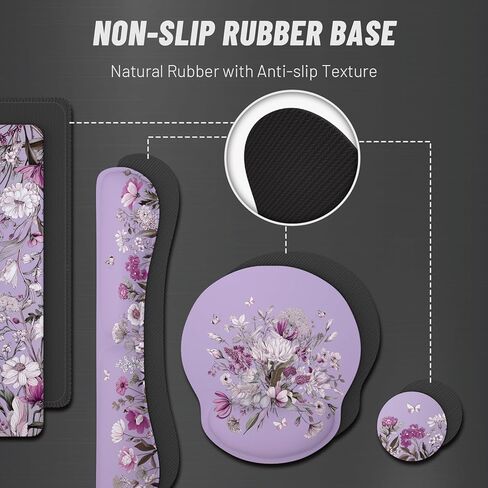 Ovenbird Mouse Pad Set 4-in-1 | Large Gaming Mousepad, Keyboard Wrist Rest, Mouse Wrist Support, Coaster | Ergonomic Office Desk Mat Accessories for Women Men | 4PCS, 35.4 x 15.7in, Purple Floral in Saudi Arabia