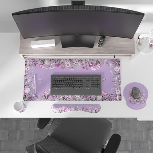 Ovenbird Mouse Pad Set 4-in-1 | Large Gaming Mousepad, Keyboard Wrist Rest, Mouse Wrist Support, Coaster | Ergonomic Office Desk Mat Accessories for Women Men | 4PCS, 35.4 x 15.7in, Purple Floral in Saudi Arabia