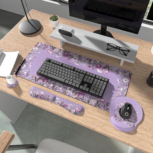 Ovenbird Mouse Pad Set 4-in-1 | Large Gaming Mousepad, Keyboard Wrist Rest, Mouse Wrist Support, Coaster | Ergonomic Office Desk Mat Accessories for Women Men | 4PCS, 35.4 x 15.7in, Purple Floral in Saudi Arabia