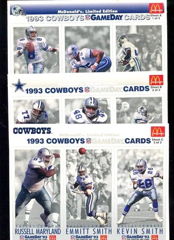 1993 GameDay 93 Dallas Cowboys Team McDonald's McDonalds Football Card Complete Set Uncut Sheet 1 2 3 A B C Troy Aikman Emmitt Smith Michael Irvin Game Day NFL in Kuwait