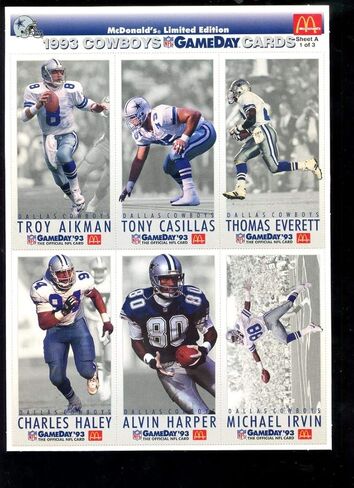 1993 GameDay 93 Dallas Cowboys Team McDonald's McDonalds Football Card Complete Set Uncut Sheet 1 2 3 A B C Troy Aikman Emmitt Smith Michael Irvin Game Day NFL in Kuwait