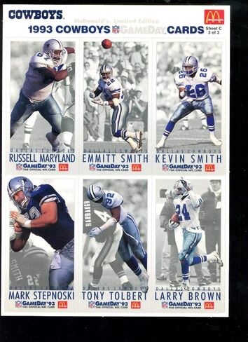 1993 GameDay 93 Dallas Cowboys Team McDonald's McDonalds Football Card Complete Set Uncut Sheet 1 2 3 A B C Troy Aikman Emmitt Smith Michael Irvin Game Day NFL in Kuwait