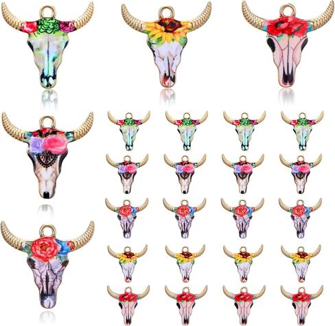 Mabor 25Pcs Cow Charms, Western Charms for Jewelry Making, Small Metal Animals Enamel Charm for Earring Necklace Bracelet Making Flower Cattle Pendant for DIY Craft Supplies, Colored in Saudi Arabia