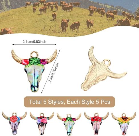 Mabor 25Pcs Cow Charms, Western Charms for Jewelry Making, Small Metal Animals Enamel Charm for Earring Necklace Bracelet Making Flower Cattle Pendant for DIY Craft Supplies, Colored in Saudi Arabia