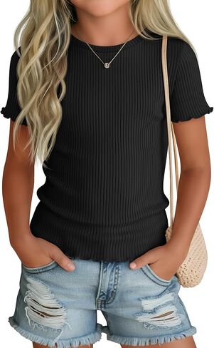 Girls Ribbed Short Sleeve T Shirt Lettuce Trim Crew Neck Tops Basic Tee Cute Casual Shirt for Kids Teens in Saudi Arabia