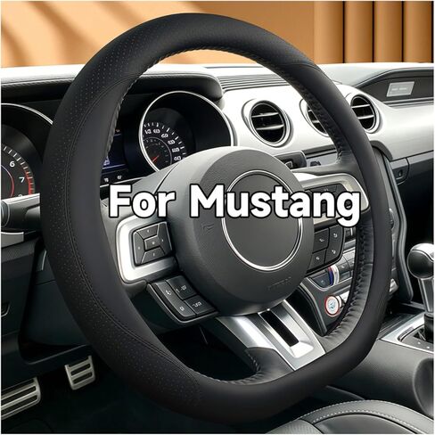 غطاء عجلة القيادة على شكل D لسيارة Ford Mustang 2015-2026، قاعدة مسطحة 14.5-15 بوصة جلد مثقوب غير قابل للانزلاق ومقبض مسامي إصدار عالمي ملحقات داخلية للسيارة (أسود) in Kuwait