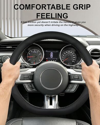 غطاء عجلة القيادة على شكل D لسيارة Ford Mustang 2015-2026، قاعدة مسطحة 14.5-15 بوصة جلد مثقوب غير قابل للانزلاق ومقبض مسامي إصدار عالمي ملحقات داخلية للسيارة (أسود) in Kuwait