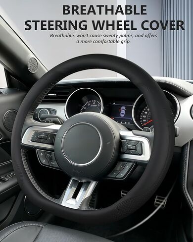غطاء عجلة القيادة على شكل D لسيارة Ford Mustang 2015-2026، قاعدة مسطحة 14.5-15 بوصة جلد مثقوب غير قابل للانزلاق ومقبض مسامي إصدار عالمي ملحقات داخلية للسيارة (أسود) in Kuwait