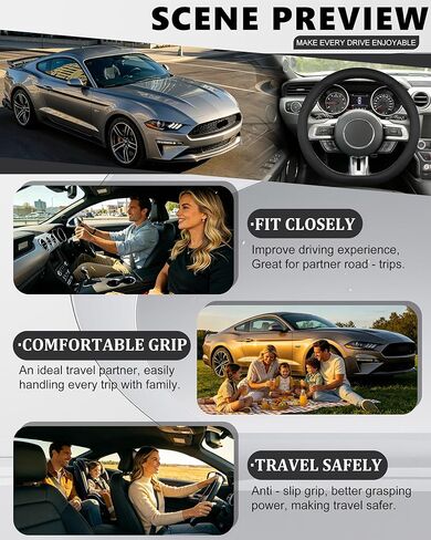 غطاء عجلة القيادة على شكل D لسيارة Ford Mustang 2015-2026، قاعدة مسطحة 14.5-15 بوصة جلد مثقوب غير قابل للانزلاق ومقبض مسامي إصدار عالمي ملحقات داخلية للسيارة (أسود) in Kuwait