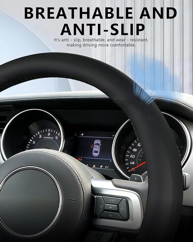 غطاء عجلة القيادة على شكل D لسيارة Ford Mustang 2015-2026، قاعدة مسطحة 14.5-15 بوصة جلد مثقوب غير قابل للانزلاق ومقبض مسامي إصدار عالمي ملحقات داخلية للسيارة (أسود) in Kuwait