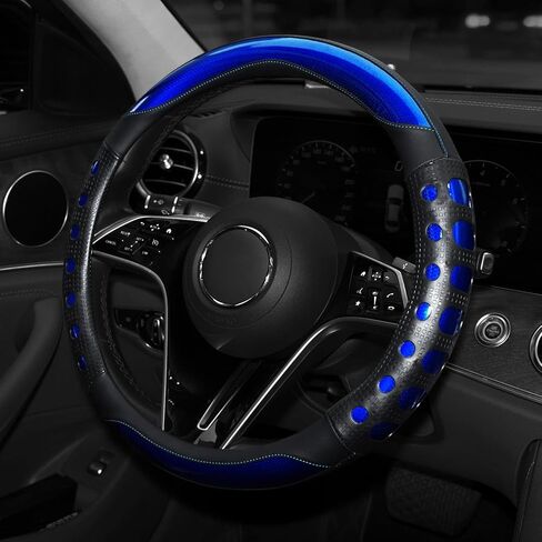 Hiseanllo Car Steering Wheel Cover, 14.5-15 Inch Universal Fit, Sporty Anti-Slip Leather Steering Wheel Protector with Glossy Color Accent, Comfortable Grip for Cars, SUVs, Trucks(Blue) in Saudi Arabia