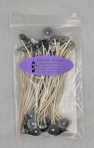 50 Pack | Jess Mae® ECO 10 Candle Wicks | 6 Inch | Pre-Tabbed & Pre-Waxed | Cotton Paper-Core Wicks with Metal Sustainer Tabs | for Soy, Paraffin, Beeswax, Coconut & Gel Container Candle Making in Saudi Arabia