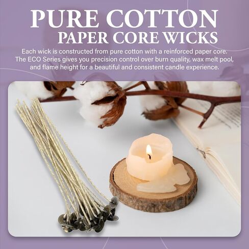 50 Pack | Jess Mae® ECO 10 Candle Wicks | 6 Inch | Pre-Tabbed & Pre-Waxed | Cotton Paper-Core Wicks with Metal Sustainer Tabs | for Soy, Paraffin, Beeswax, Coconut & Gel Container Candle Making in Saudi Arabia