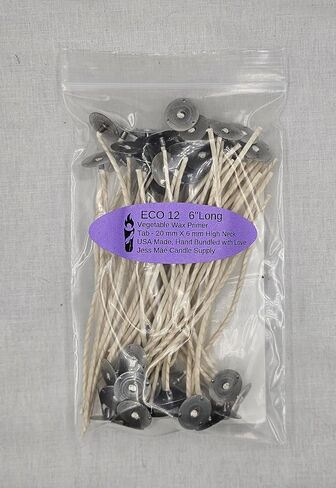 50 Pack | Jess Mae® ECO 10 Candle Wicks | 6 Inch | Pre-Tabbed & Pre-Waxed | Cotton Paper-Core Wicks with Metal Sustainer Tabs | for Soy, Paraffin, Beeswax, Coconut & Gel Container Candle Making in Saudi Arabia