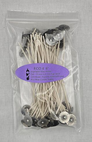 50 Pack | Jess Mae® ECO 10 Candle Wicks | 6 Inch | Pre-Tabbed & Pre-Waxed | Cotton Paper-Core Wicks with Metal Sustainer Tabs | for Soy, Paraffin, Beeswax, Coconut & Gel Container Candle Making in Saudi Arabia