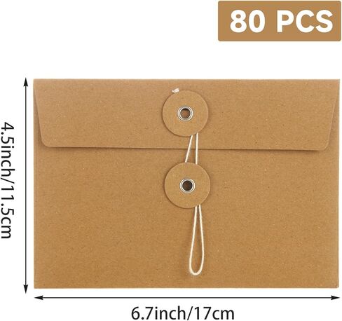 80 PCS Brown Kraft Envelopes 4x6 Inch Vintage Envelope Pockets String Closure, Manilla Envelopes for Mail Postcard Bills Invitation in Kuwait