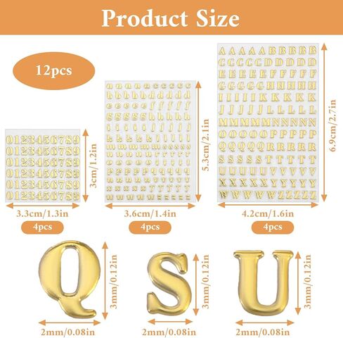 12 Sheets 3D Self-Adhesive Alphabet Stickers, 3mm Small Letter Stickers, Glitter Alloy Mini Number Sticker for Nail Art, Epoxy Resin, Scrapbooking, DIY Crafts (Gold) in Saudi Arabia