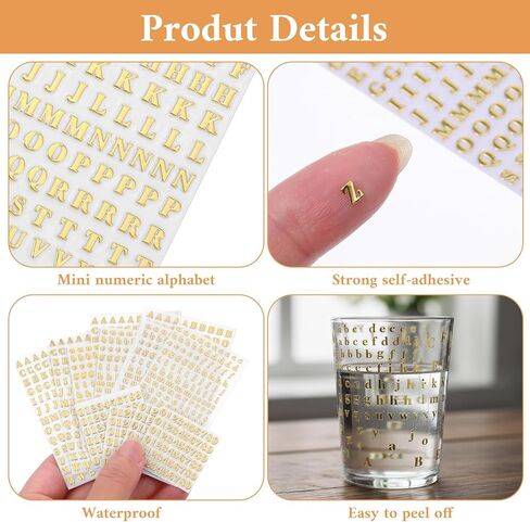 12 Sheets 3D Self-Adhesive Alphabet Stickers, 3mm Small Letter Stickers, Glitter Alloy Mini Number Sticker for Nail Art, Epoxy Resin, Scrapbooking, DIY Crafts (Gold) in Saudi Arabia
