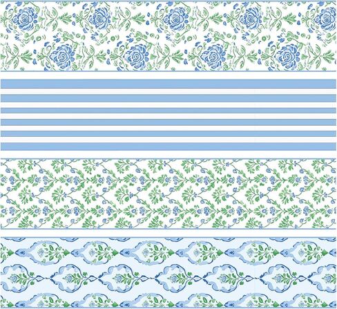 JarThenaAMCS 4 Rolls Blue Floral Wired Edge Ribbon 2.5 Inch Blue Stripe Flower with Green Leaves Fabric Craft Ribbon for Wedding Bridal Shower Baby Shower DIY Crafts Gift Decoration, 24 Yards in Kuwait