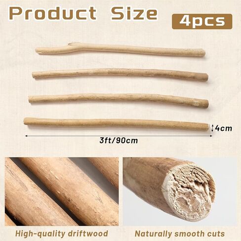 Novabright 4 Pcs 3 ft Driftwood Poles, Natural Drift Wood Decor for Home, Unique Hand-Picked Natural Wood Pole Crafts for Vases Macrame Wedding Venue Home Decor, Coastal Rustic Farmhouse Country in Kuwait