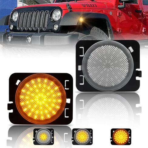 إشارة الانعطاف LED وأضواء العلامات الجانبية لـ 2007-2019 Wrangler JK، [محدثة] مصابيح علامة المصد الجانبي ذات العدسات المدخنة، مصابيح إشارة الانعطاف الجانبية LED العنبر JK، 4 قطع in Kuwait