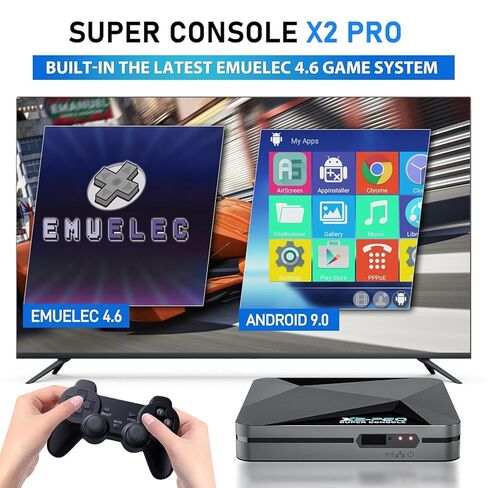 وحدة تحكم ألعاب Kinhank Retro، وحدة تحكم Super Console X2 Pro مدمجة 37000+ لعبة، وحدة تحكم ألعاب فيديو Android 9.0/Emuelec 4.6، مخرج 4K UHD، 2.4G/5G، BT 5.0 in Kuwait