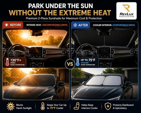 RevLux Car Windshield Sun Shade | Keeps Car Cooler in Extreme Heat, Blocks 99% UV Rays & Protects Dashboard from Cracking | ZeroLight Thermal Shield Tech | Foldable Sunshade for Sedan SUV Truck in Saudi Arabia