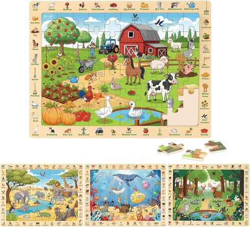 Joyreal Wooden Puzzles for Kids Ages 4-6, 4 x 60 Piece Search and Find Puzzles for Toddlers 3-5, Educational Animal Learning Toys, Birthday Gifts for 3 4 5 6 Year Old Boys Girls in Saudi Arabia