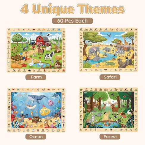Joyreal Wooden Puzzles for Kids Ages 4-6, 4 x 60 Piece Search and Find Puzzles for Toddlers 3-5, Educational Animal Learning Toys, Birthday Gifts for 3 4 5 6 Year Old Boys Girls in Saudi Arabia